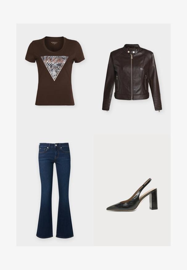 Veste en cuir marron foncé avec fermeture éclair sur le devant, col à bouton-pression, poches latérales zippées et détails matelassés sur les manches et l'ourlet.; T-shirt ajusté à manches courtes marron foncé avec logo triangulaire Guess argent métallique présentant des rayures de zèbre et un texte sur le devant.; Jean flare bleu foncé avec cinq poches, fermeture à boutons et coutures orange visibles sur fond blanc.; Chaussure slingback en cuir noir à bout pointu avec un talon bloc haut et une doublure intérieure beige sur un fond clair uni.