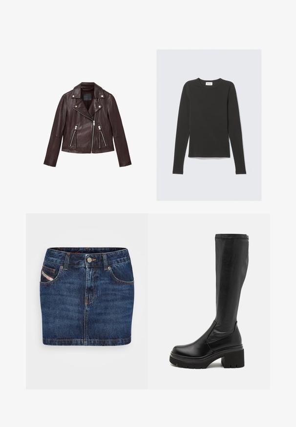 Bruine leren motorjack met een schouderkraag, asymmetrische rits sluiting en twee voorste ritszakken. Bevat zilveren hardware accenten.; Zwart T-shirt met lange mouwen en ronde hals, slim fit, plat gelegd op een lichtgrijze achtergrond.; Donkerblauwe denimrok met een getailleerd ontwerp, vijf zakken en oranje stiksel. Voorzien van een metalen knoopsluiting bij de taille.; RAID RIMISHA - Plateaulaarzen - black
