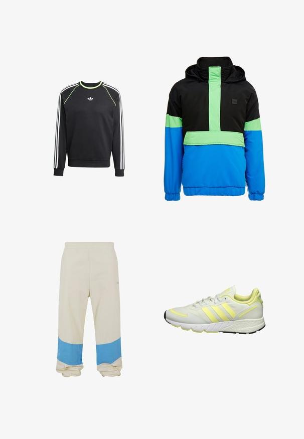 Bunte Windbreaker-Jacke mit einem schwarzen oberen Abschnitt, Neon-Grünen Akzenten und einem blauen unteren Teil. Das Material scheint leicht und synthetisch zu sein.; Schwarzer Sweatshirt mit weißem Dreistreifen-Design an den Ärmeln und limettengrünen Akzenten. Verfügt über einen Rundhalsausschnitt und ein kleines Logo auf der Brust.; Beige Hose mit einem breiten blauen Streifen am Saum. Hergestellt aus weichem Stoff, mit elastischem Bund und lockerer Passform.; Weiße Sportschuh mit gelben Akzenten, ausgestattet mit einem glatten Obermaterial, einer strukturierten Sohle und drei Streifen an der Seite zur Markenkennzeichnung.