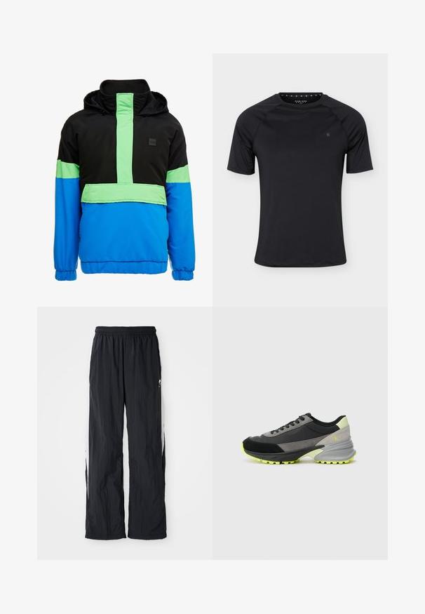 Chaqueta rompevientos colorida con una sección superior negra, acentos en verde neón y una mitad inferior azul. El material parece ligero y sintético.; Camiseta deportiva negra de manga corta con cuello redondo y pequeño logo en el pecho izquierdo, mostrada sobre un fondo liso y claro.; Pantalones de chándal negros de nailon con pretina elástica, que presentan paneles laterales blancos y un sutil detalle de logo en la parte frontal.; Zapatilla con un diseño en negro, gris y verde neón. Fabricada con gamuza y materiales sintéticos, cuenta con una suela texturizada y un cuello acolchado.