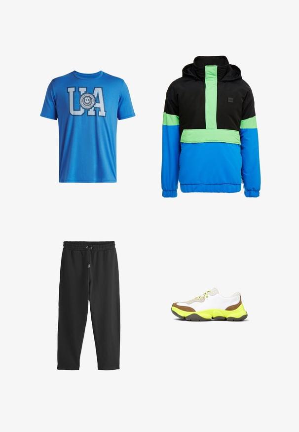 Bunte Windbreaker-Jacke mit einem schwarzen oberen Abschnitt, Neon-Grünen Akzenten und einem blauen unteren Teil. Das Material scheint leicht und synthetisch zu sein.; Blaues Baumwoll-T-Shirt mit großen "UA"-Buchstaben und einem runden Abzeichen-Design darunter. Kurze Ärmel und ein Rundhalsausschnitt. Glatte Textur.; Schwarze Freizeithose mit elastischem Bund und vorderem Kordelzug, gerade geschnitten, ohne sichtbare Taschen oder Muster.; Sneaker mit einem Obermaterial aus weißem Leder, braunen Wildlederakzenten und einer leuchtend gelben Gummisohle. Verfügt über grüne Schnürsenkel und ein abgerundetes Design.