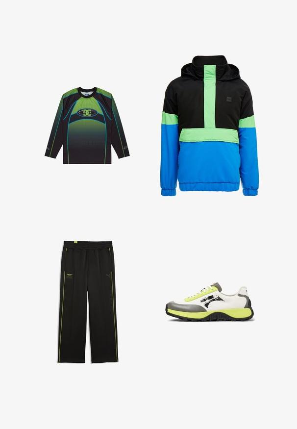 Chaqueta rompevientos colorida con una sección superior negra, acentos en verde neón y una mitad inferior azul. El material parece ligero y sintético.; Camisa deportiva de manga larga hecha de tela de malla negra y verde, con un diseño degradado, el logo de DC y acentos azules en contraste.; Pantalones deportivos negros con franjas laterales amarillas, cintura elástica y logotipos en los lados delanteros izquierdo y derecho.; Las zapatillas presentan una parte superior de lona blanca, acentos de goma gris, cordones de neón verde, un logo prominente y una suela negra texturizada para mayor agarre.