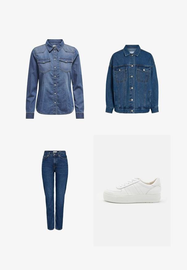 Sinine teksajakk, millel on ees nööbitav sulgur, kaks rinnataskut klapiga ja nööpidega, küljetaskud ning klassikaline krae.; Tumedates denim särk, millel on kaelus, pikad varrukad, kahekordsed rinnataskud ja kontrastsed õmblused.; Tumesinised teksapüksid sirge säärega, kõrge vöökohaga, viie taskuga, heleda õmblusega ja peene tekstuuriga viimistlusega.; Valge nahkne tennis, millel on tekstureeritud ülemine osa, pehmendatud kaelus ja lame kummist tall. Omab diskreetset tikkimist ja klassikalist paeltega sulgemist.