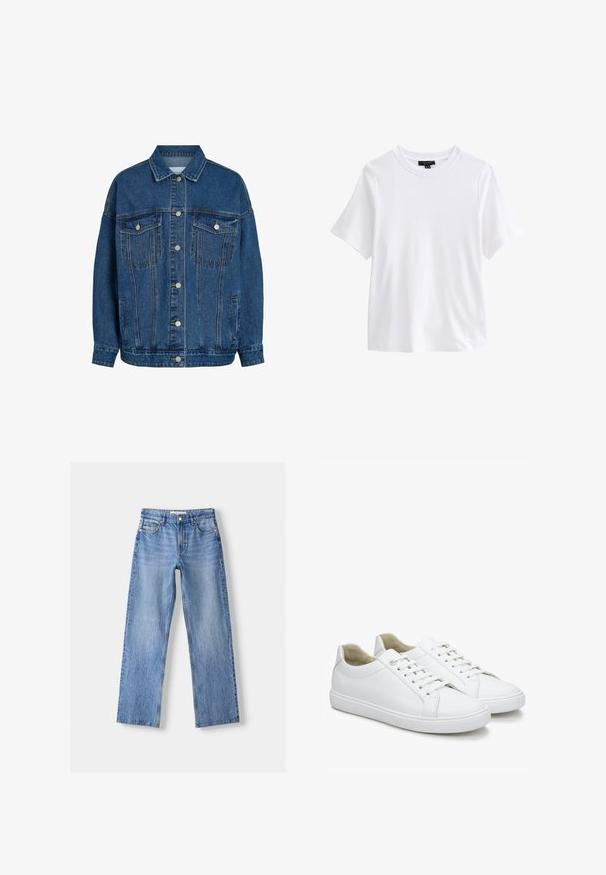 Blauwe denimjas met knoopsluiting aan de voorkant, twee klepzakken op de borst met knopen, zijzakken en een klassieke kraag.; Effen wit T-shirt met korte mouwen en ronde hals met een zwart kledinglabel aan de binnenkant van de kraag op een witte achtergrond.; Lichtblauwe denim jeans met een rechte pasvorm, voorzien van vijf zakken, een knoopsluiting aan de voorkant en subtiele vervaging voor textuur.; Witte leren sneakers met een gladde textuur, ronde neuzen en platte rubberen zolen. Voorzien van veters en een minimalistisch ontwerp zonder patronen.