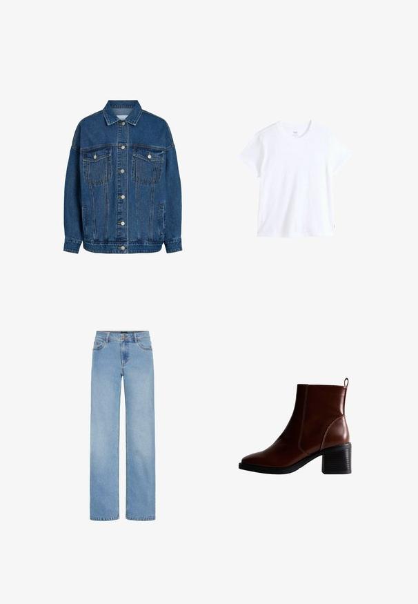 Blauwe denimjas met knoopsluiting aan de voorkant, twee klepzakken op de borst met knopen, zijzakken en een klassieke kraag.; Wit katoenen t-shirt met korte mouwen, ronde hals en rechte zoom. Heeft een klein rood logotag aan de linkeronderzijde.; Lichtblauwe, wijde jeans gemaakt van denim. Voorzien van een standaard tailleband, voorzakken en een ritssluiting met knoopsluiting.; Bruin lederen enkellaars met een vierkante neus en zijnaad, een gestapelde hak van 7,5 cm en een lus aan de achterkant voor gemakkelijk aan- en uittrekken.
