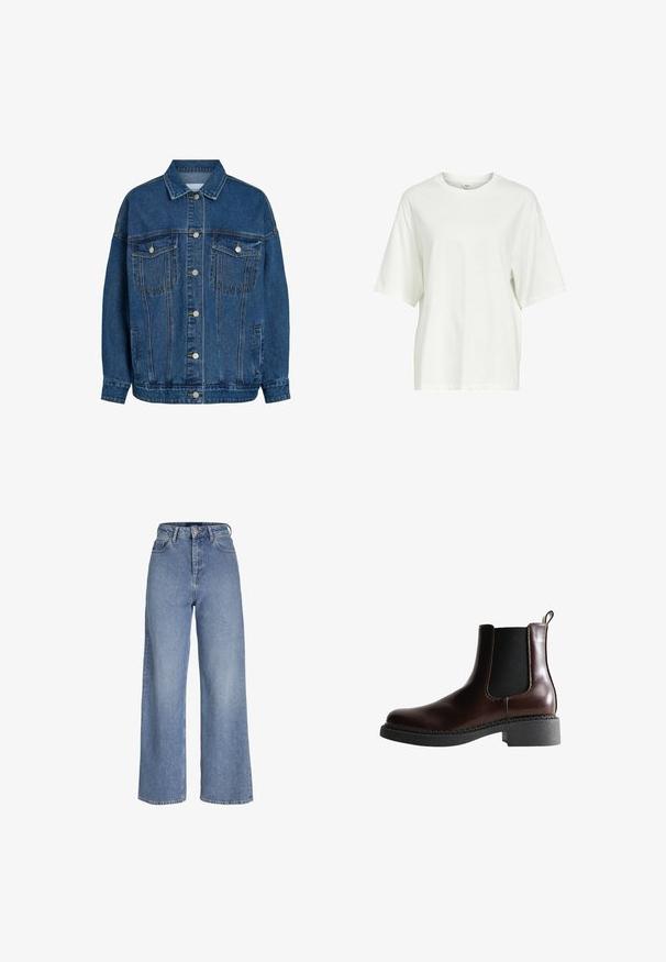 Blå denimjakke med knappelukning foran, to brystlommer med knapper, sidelommer og klassisk krave.; Ensfarvet hvid oversized T-shirt med korte ærmer, rund hals og en lille mærkat indeni kraven.; Højtaljede lyseblå cowboybukser med vide ben, foran knap- og lynlåslukning samt fem-lomme-design.; Brune læder ankelstøvle med elastiske sidepaneler, rund tå og en struktureret sort gummisål. Har kontrasterende syninger og en trækflap.