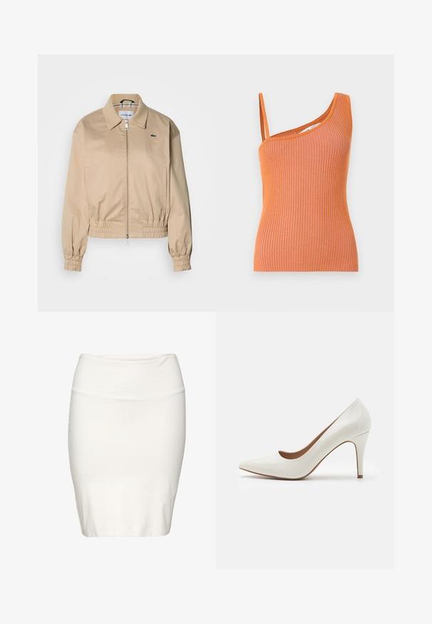 Beige cropped jakke med krave, elastiske ærmegab og lynlåslukning foran. Har en lille grøn logo på venstre bryst.; Orange stribet tanktop med en enkelt skulderstrop, der har en tætsiddende silhuet og struktureret stof.; Hvid knælang blyantskørt lavet af blødt, elastisk stof. Har et tætsiddende design med et glat taljebånd og minimale sømme.; Hvide patentlæder højhælede sko med spids tå og en glat overflade, der har en slank hæl og en lav skæring omkring åbningen.
