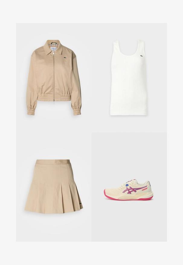 Beige cropped jakke med krave, elastiske ærmegab og lynlåslukning foran. Har en lille grøn logo på venstre bryst.; Hvid ærmeløs strikket tanktop med subtile lodrette teksturerede mønstre og et lille grønt krokodillelogo på øverste venstre bryst.; Beige plisseret nederdel lavet af bomuldsblandet stof. Har en tætsiddende talje og en lille broderet logo ved kanten. Glat tekstur.; Cremefarvet sportsko med en lyserød sål, blå og lilla accenter, perforeret overdel og design med rund tå.