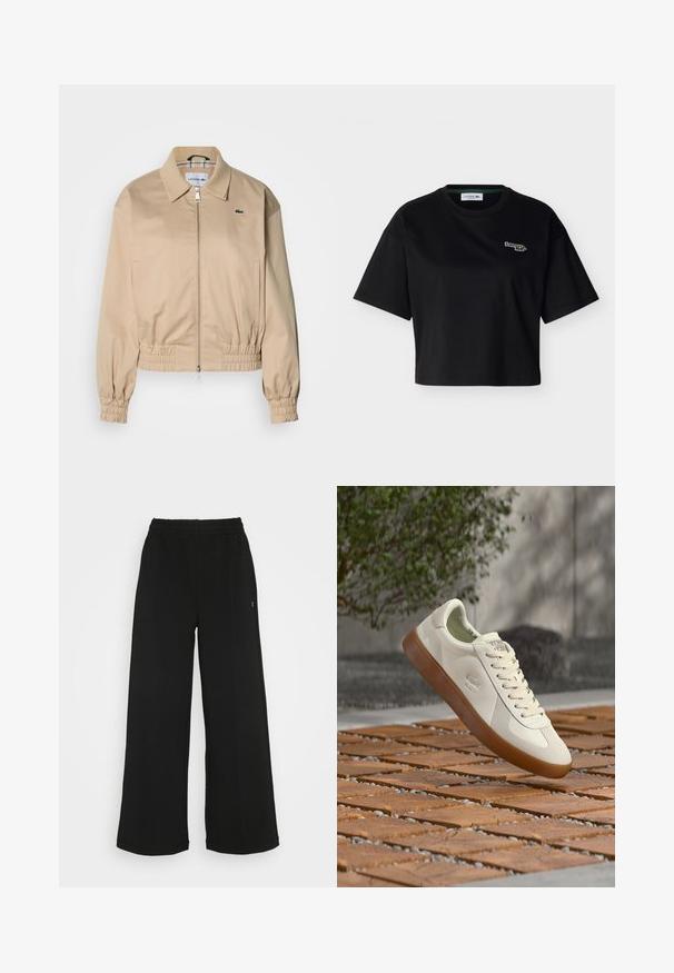Beige cropped jack met een kraag, elastische manchetten en een ritssluiting aan de voorkant. Heeft een klein groen logo op de linkerborst.; Zwart cropped T-shirt met korte mouwen, ronde hals en een klein geborduurd Lacoste-logo op de linkerborst.; Zwarte wijde broek met een elastische tailleband. Gemaakt van een zachte, lichte stof. Heeft verticale naden aan de voorkant.; Witte lage sneaker met gumzool en geëtst krokodillenlogo zwevend boven een patroon van houten vloer buiten.