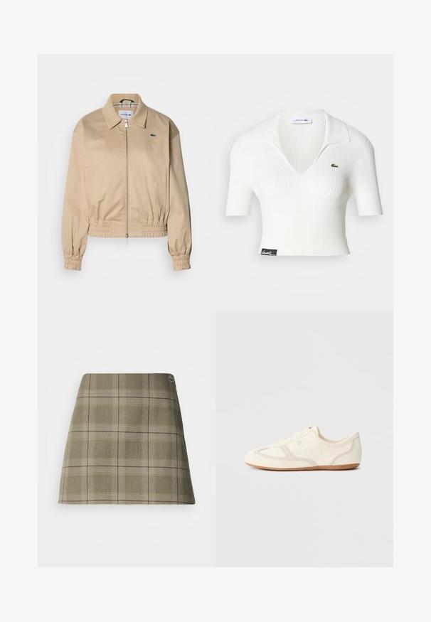 Beige cropped jack met een kraag, elastische manchetten en een ritssluiting aan de voorkant. Heeft een klein groen logo op de linkerborst.; Witte geribbelde cropped polo met een V-hals, korte mouwen en een groen Lacoste krokodil logo op de linkerborst. Zwart label aan de zoom.; Geruite mini-rok in olijfgroen en beige, met een rechte snit, een subtiele textuur en een klein logo-accent bij de tailleband.; Crème-witte sneakers met een bovenwerk van suède en stof, een afgeronde neus en een rubberen zool met een beige accentdetail. Vetersluiting.