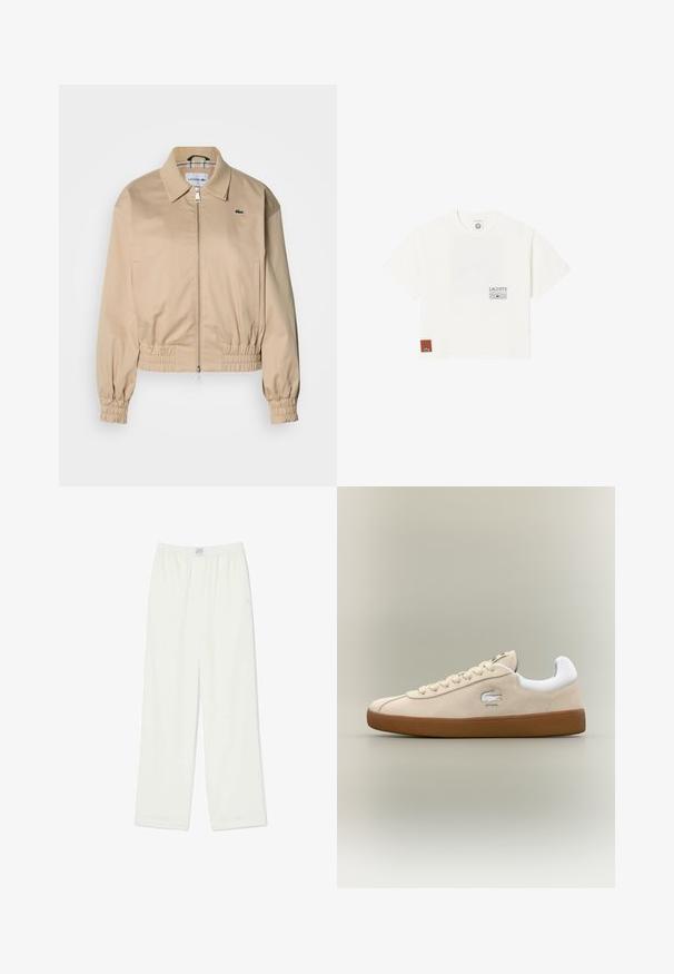 Beige cropped jack met een kraag, elastische manchetten en een ritssluiting aan de voorkant. Heeft een klein groen logo op de linkerborst.; Wit T-shirt met korte mouwen en ronde hals, klein Lacoste Roland Garros Club-logo op de borst, en een bruin label met groen krokodillenlogo vlakbij de zoom.; Effen witte losse broek met elastische tailleband en een klein wit labeltje middenvoor.; Beige suède sneaker met witte accenten en rubberen zool. Beschikt over een verhoogd logo aan de zijkant en contrasterende beige veters. Klassiek ontwerp.