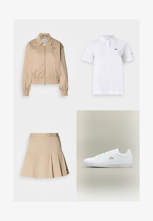 Veste courte beige avec un col chemise, des poignets élastiques et une fermeture éclair à l'avant. Présente un petit logo vert sur le côté gauche de la poitrine.; Polo blanc à manches courtes avec deux boutons, un petit logo crocodile vert sur la poitrine gauche et un logo noir discret sur la manche gauche.; Jupe plissée beige en tissu mélange de coton. Présente une taille ajustée et un petit logo brodé sur l'ourlet. Texture lisse.; Baskets blanches en cuir lisse avec un embout arrondi, des lacets plats et un petit logo doré. Présente une semelle en caoutchouc texturée et un design sobre.