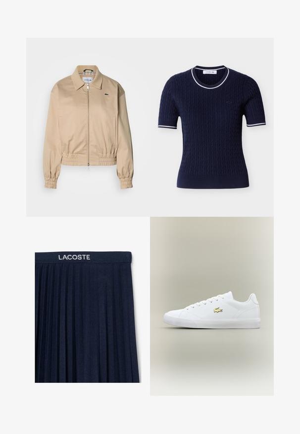 Beige cropped jakke med krave, elastiske ærmegab og lynlåslukning foran. Har en lille grøn logo på venstre bryst.; Marineblå kortærmet strikketop med kabelmønster, hvid stribet kant på krave og ærmekanter samt lille broderet logo på brystet.; Marinblå plisseret nederdel med elastisk talje og hvid "LACOSTE" logo. Blød stofstruktur med lodrette plisseringer for bevægelse.; Hvid sneaker lavet af glat læder med en rund tå, flade snørebånd og et lille guld logo. Har en struktureret gummisål og et enkelt design.