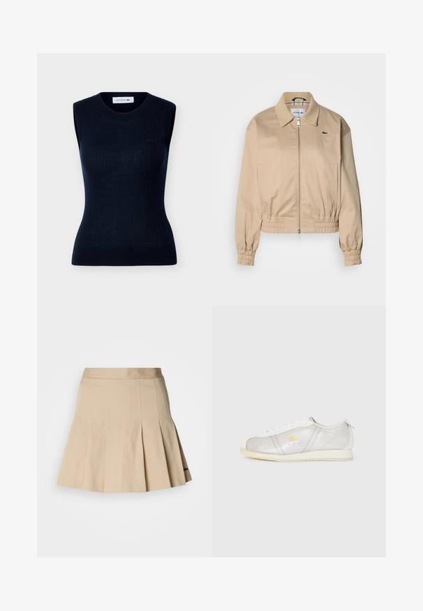 Veste courte beige avec un col chemise, des poignets élastiques et une fermeture éclair à l'avant. Présente un petit logo vert sur le côté gauche de la poitrine.; Haut noir sans manches en maille avec encolure ronde, fines côtes verticales subtilement dessinées, et petit logo Lacoste sur la poitrine gauche.; Jupe plissée beige en tissu mélange de coton. Présente une taille ajustée et un petit logo brodé sur l'ourlet. Texture lisse.; Sneaker en cuir blanc avec semelle beige, lacets blancs et un petit logo crocodile jaune sur le côté.