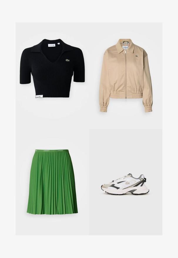 Beige cropped jack met een kraag, elastische manchetten en een ritssluiting aan de voorkant. Heeft een klein groen logo op de linkerborst.; Zwarte cropped poloshirt van ribstof met een V-hals, korte mouwen en een groen geborduurd logo op de linkerborst. Witte label aan de zoom.; Groene geplooide rok met een elastische tailleband met het Lacoste-logo. Gemaakt van glad materiaal, heeft het duidelijke verticale plooien en een lengte tot de knieën.; Witte en grijze sneakers met een bovenwerk van mesh, zwarte accenten en een gestructureerde zool. Voorzien van veters, merkdistinties en contrasterende ontwerpelementen.