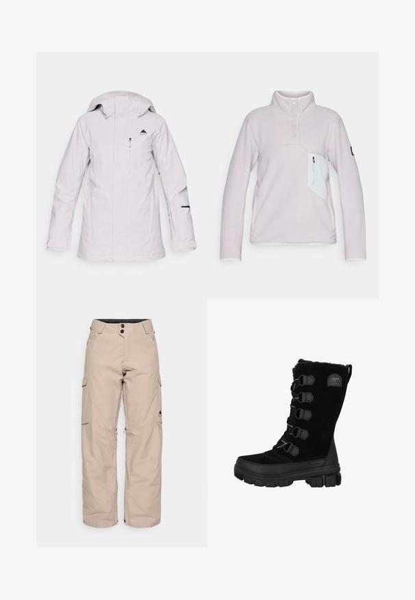 Lys grå vandtæt jakke med lynlås foran, justerbar hætte og sort logo på brystet. Har lynlås lommer og sorte detaljer.; Lyse lilla fleecepullover med høj krave, tre knapper foran og en hvid lynlåslomme på brystet. Har kontrasterende hvidt trim.; Beige cargo bukser med en afslappet pasform, lavet af vandafvisende stof. Har to sidelommer, en lynlås i kanten og knaplukning.; Sorte vandtætte vinterstøvler med overdel i ruskind, pelskrave og gummisål. Har snørebåndsdesign med hexagonale snørehuller og logo-patch.