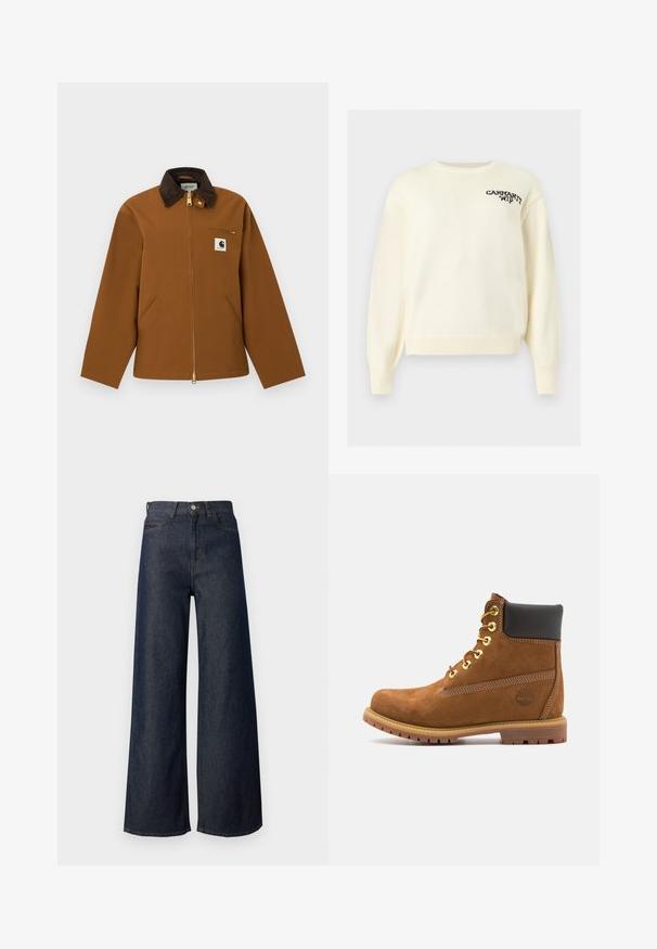 Brun Carhartt-jakke med mørk kordfløyelskrage, frontglidelås, brystlomme med glidelås og frontlogo-patch, vist på hvit bakgrunn.; Kremfarget strikket genser med ribbestrikkede mansjetter og kant, med liten svart tekstlogo på øvre venstre bryst.; Videben mørk denimjeans med høy midje, som har femlommers design, gullsøm og metallknappdetalj. Jevn tekstur totalt sett.; Brune suède ankelstøvlett med svart polstret krage, gulløyer, snøring foran og gummisåle med teksturert mønster.
