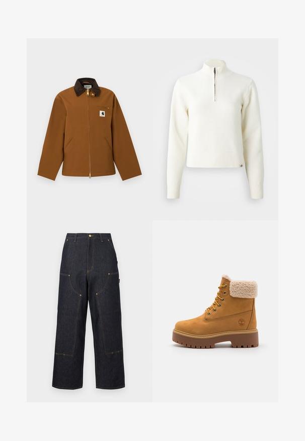 Bruine Carhartt-jas met een donkere ribfluwelen kraag, ritssluiting aan de voorkant, borstzak met rits en een logo-patch aan de voorkant, getoond op een witte achtergrond.; Witte sweater met ritssluiting en lange mouwen. Gemaakt van een zachte gebreide stof, met ribgebreide boorden en een zoom. Subtiele merklogo aan de zoom.; Donkerblauwe wijde denim broek met meerdere zakken aan de voorkant, contrasterende oranje stiksels en een knoopsluiting in de taille.; Tan suède laars met een nepbont kraag, gouden oogjes en een contrasterende rubberen zool. Voorzien van een logo op de zijkant en een gestructureerde loopvlak.