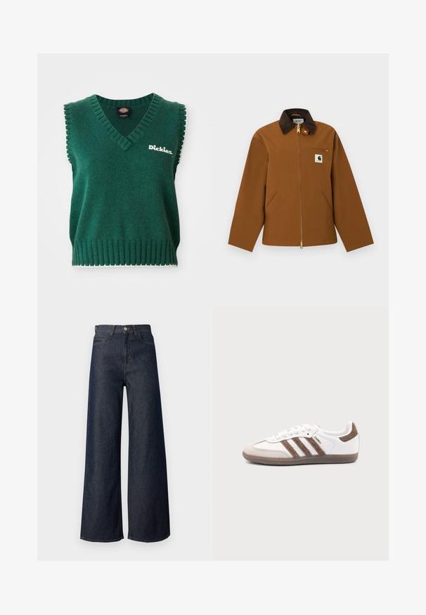 Καφέ μπουφάν Carhartt με σκοτεινό γιακα από κορδόνι, μπροστινό φερμουάρ, τσέπη στο στήθος με φερμουάρ και μπροστινή ετικέτα με λογότυπο, εμφανίζεται σε λευκό φόντο.; Πράσινο αμάνικο πλεκτό γιλέκο με V-λαιμόκοψη, ριμπ άκρες, λευκή περίμετρο και λογότυπο "Dickies" στο στήθος.; Τζιν παντελόνι με φαρδύ μπατζάκι και ψηλή μέση, με σχέδιο πέντε τσεπών, χρυστό ράψιμο και μεταλλικό κουμπί. Λείο υλικό συνολικά.; Λευκό αθλητικό παπούτσι Adidas Samba με καφέ σουέντ ρίγες, καφέ λαστιχένια σόλα και μπεζ καπάκι δακτύλου από σουέντ, εμφανιζόμενο από την εξωτερική πλευρά σε απλό φόντο.