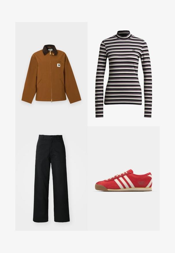 Brun Carhartt-jakke med mørk fløjlskrave, lynlås foran, brystlomme med lynlås og logo-patch foran, vist på hvid baggrund.; Langærmet turtleneck-top i sort, lavendel og hvide striber med en slim fit; har et lille logo på brystet.; Sorte vide bukser med flad front, knaplukning og bæltestropper. Fremstillet af holdbart stof med en glat tekstur.; Røde nubuck sportsko med tre hvide striber. Gummisål, lavtop design, rund tå og snørebånd. Tekst "adidas Italia" på siden.