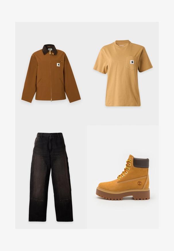 Bruine Carhartt-jas met een donkere ribfluwelen kraag, ritssluiting aan de voorkant, borstzak met rits en een logo-patch aan de voorkant, getoond op een witte achtergrond.; Effen bruine T-shirt met korte mouwen en een borstzakje met een vierkante merklogo-patch, getoond op een effen lichte achtergrond.; Zwarte wijde broek met grote opgestikte voorzakken en riemlussen, getoond op een lichte, effen achtergrond.; Tan waterdichte enkelboot met een stevige rubberen zool, ronde neus, bruine leren kraag, gele veters en een logo aan de zijkant.