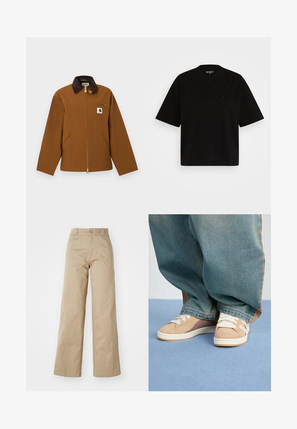 Hnedá bunda Carhartt s tmavým manžetovým golierom z kordovanej látky, predným zipsom, zipsovým vreckom na hrudi a prednou nášivkou s logom, zobrazená na bielom pozadí.; Čierne bavlnené tričko s voľným strihom, krátkymi rukávmi, okrúhlym výstrihom a malým logom na ľavej hrudi.; Béžové široké nohavice vyrobené z bavlny, vybavené zapínaním na gombík a pútkami na opasok, s hladkou textúrou a čistým dokončením.; Béžové tenisky zo zamatového a textilného materiálu, s bielymi šnúrkami, svetlohnedými akcentami a textúrovanou podrážkou. Nosené s voľnými modrými denimovými nohavicami.
