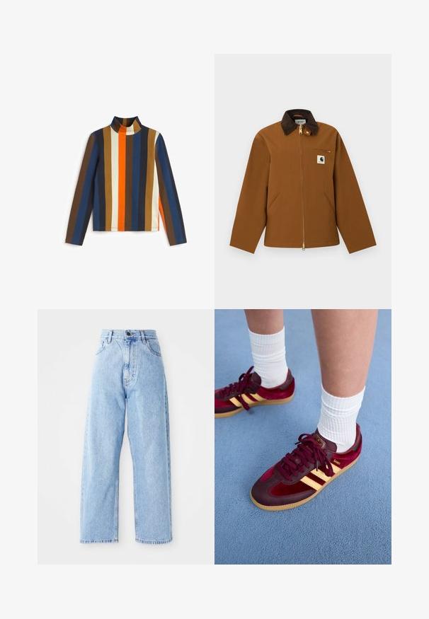 Veste Carhartt marron avec col en velours côtelé sombre, fermeture éclair frontale, poche à zip sur la poitrine et patch logo à l'avant, présentée sur fond blanc.; Haut à col roulé à manches longues avec de larges rayures verticales marron, bleu marine, crème, orange et bleu, doté d'une coupe ajustée et d'un col côtelé.; Jeans en denim bleu clair taille haute avec des jambes droites larges, fermeture à bouton à l'avant, fermeture éclair et poches avant et arrière.; Baskets en daim et cuir bordeaux avec des rayures jaunes et une semelle en gomme. Chaussettes blanches côtelées visibles au-dessus de la cheville, posées sur une surface texturée bleue.