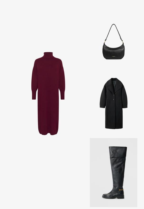 Manteau long en laine noir avec grands revers, deux boutons à l'avant et manches longues, présenté sur un fond blanc.; Robe tricotée bourgogne avec un col montant, des manches bouffantes longues et une coupe décontractée. L'ourlet tombe juste au-dessus des chevilles, présentant une texture lisse.; Bottes en cuir noir à hauteur de genou avec un design épuré, bout arrondi, semelle à plateforme basse et détails en doré près de la cheville.; Sac à main en cuir noir avec une forme incurvée, quincaillerie dorée et logo "Lancaster Paris" en lettres dorées au centre avant.