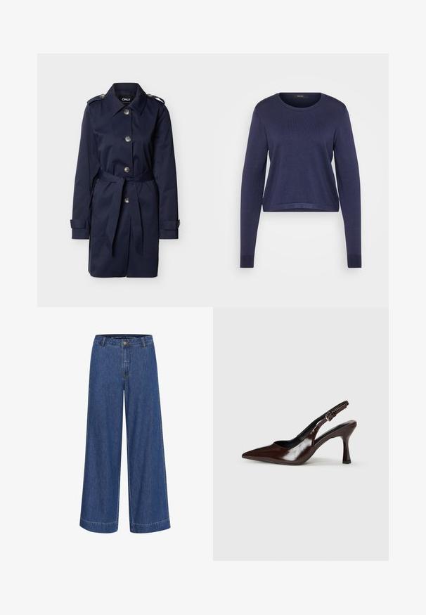 Marineblauw trenchcoat met grote knopen, tailleceintuur, schouderepauletten en manchettestraps op een effen achtergrond.; Marineblauwe lange mouwen trui, ronde halslijn, geribbelde textuur, iets cropped pasvorm, en effen kleur zonder zichtbare patronen of graphics.; Wijduitlopende denim broek in donkerblauw. Gemaakt van katoen, met een knoopsluiting, voorzakken en een nette zoom.; Bruine gepatineerde leren slingback pumps met een spitse neus, een dunne hak en een verstelbaar bandje met een kleine gesp.