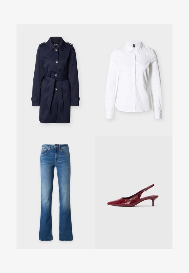 Trench-coat bleu marine avec gros boutons, ceinture taille, épaulettes et brides aux manches sur fond uni.; Chemise blanche à manches longues avec col pointu, boutonnée à l'avant, présentée à plat sur un fond gris clair.; Jean en denim bleu avec une légère évasement en bas, fermeture avant par boutons et fermeture éclair, et poches avant sur un fond uni.; Escarpin à talon kitten en cuir bourgogne avec texture crocodile, bout pointu, bride ajustable et talon bas sur fond blanc.