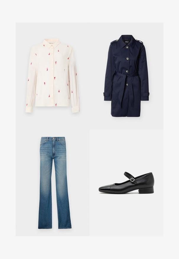 Marineblå trenchcoat med store knapper, taljebælte, skulderlapper og manchetstrimler på ensfarvet baggrund.; Lys beige langærmet skjorte med knap-til-kollektion, der har rød fuglebroderi over hele skjorten samt knaplukninger på fronten og manchetterne.; Blå denim flared jeans med lys vask, der har traditionel fem-lomme stil og knaplukning. Lige pasform.; Sorte læder Mary Jane-sko med en patenttå, justerbar ankelrem og lav blokhæl. Glat tekstur og strømlinet design.