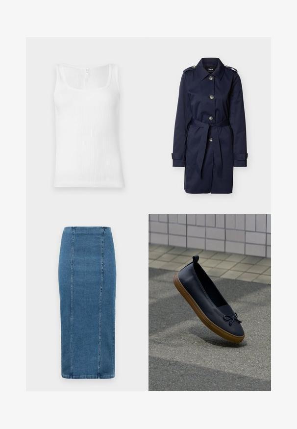Marineblå trenchcoat med store knapper, taljebælte, skulderlapper og manchetstrimler på ensfarvet baggrund.; Hvid ribbet tanktop med rektangulær udskæring og brede skulderstropper. Stofmaterialet har en tekstureret, strækbar overflade.; Blå denim blyantskørt med lodrette sømme og høj talje, der går til under knæet, vist på en hvid baggrund.; Sort læder slip-on sko med brun gummisål og bundet sløjfedetalje, svævende over en grå fortov ved siden af en flisebelagt væg.