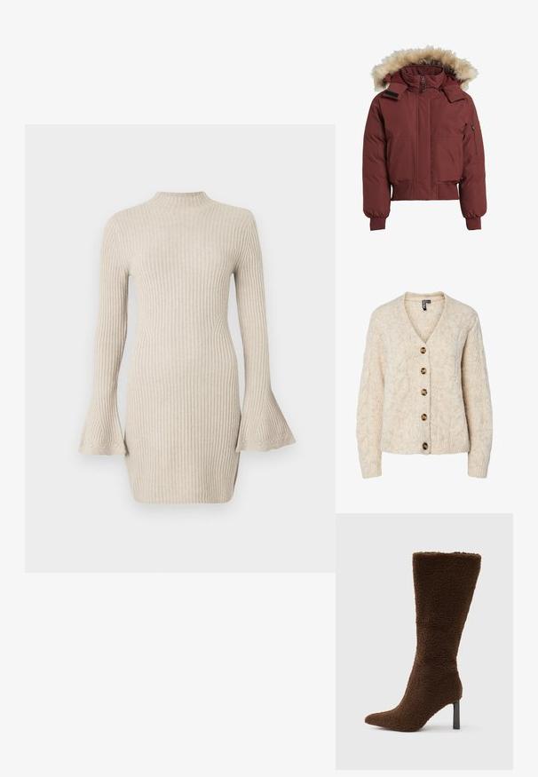 Chaqueta de plumas burdeos con capucha forrada de pelaje sintético, cremallera frontal, bolsillos laterales y puños acanalados. Presenta un diseño recortado y una tela texturizada.; Cárdigan de punto color beige claro con escote en V, patrón de trenzas y cinco botones marrones en la parte delantera. Puños y bajo acanalados.; Vestido de punto acanalado en beige claro, con cuello alto y mangas acampanadas con puños estampados. Silueta ajustada al cuerpo.; Bota marrón con tacón, material texturizado y esponjoso. Presenta punta puntiaguda y tacón cuadrado estrecho. Diseño vertical con caña alta.
