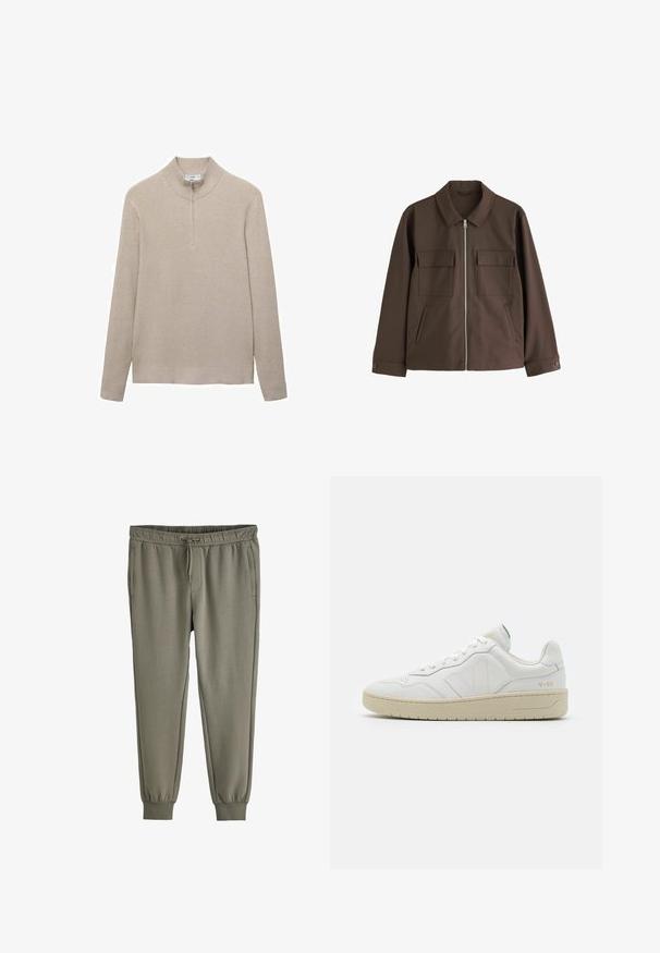 Chaqueta marrón de manga larga con cuello, cremallera frontal, dos bolsillos de solapa en el pecho, bolsillos laterales de ojal y puños abotonados.; Suéter beige con canalé, cuello alto y cierre de media cremallera. Las mangas largas y el diseño ajustado del dobladillo realzan el aspecto texturizado.; Pantalones jogger verde oliva con cintura elástica, cordón, bolsillos laterales y puños en los tobillos, mostrados sobre fondo blanco.; Zapatillas blancas de cuero con un acabado texturizado y cuello acolchado. Cuentan con una suela de goma beige y un sutil logotipo en el talón y el lado.