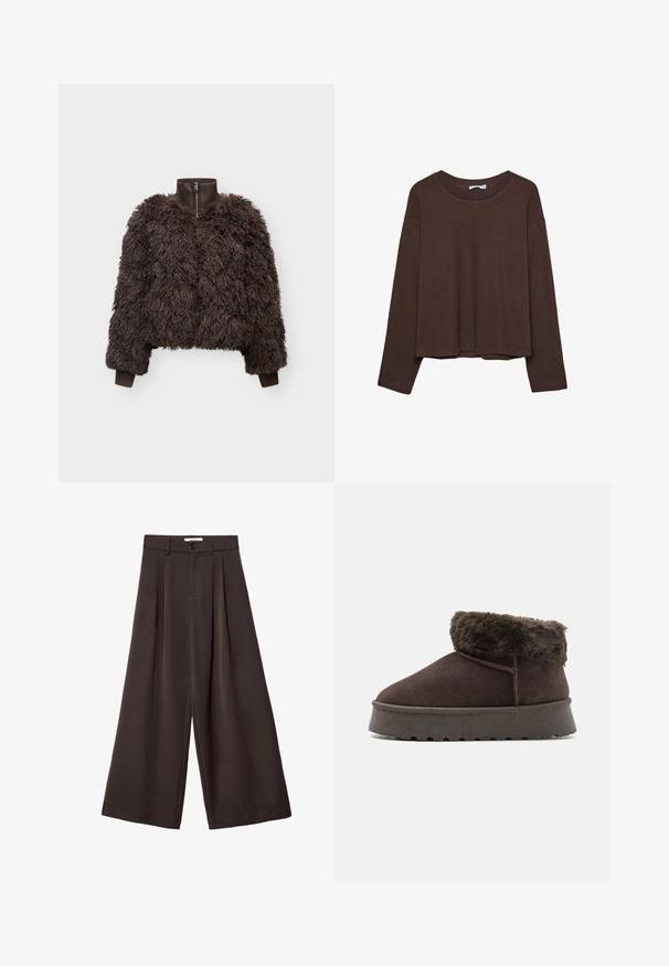 Weekday Vinterjakker - brown; Brun sweater med en afslappet pasform, ribbet rullekrave og lange ærmer. Glat tekstur med en rund kant og ingen synlige mønstre eller accenter.; Mørkebrune bukser med vide ben, forreste læg, knaplukning og bæltestropper, vist mod en hvid baggrund.; Brune ruskind ankelstøvle med kunstig pelskrave, rund tå og tekstureret gummisål. Har enkel søm og et lavprofil design.