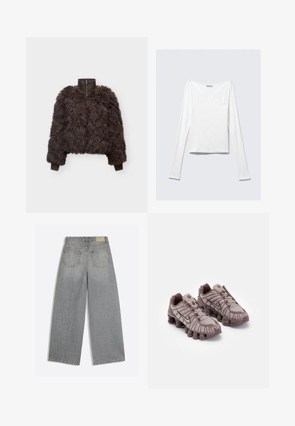 Veste marron foncé zippée avec tissu duveteux et bouclé, poignets et col côtes, présentée sur un fond uni.; Haut blanc à manches longues avec un design croisé et une poche. Fabriqué dans un tissu lisse et extensible. Coupé dans une coupe décontractée et ample.; Jean en denim gris à jambes larges montrant l'arrière avec deux poches et des passants de ceinture, posé à plat sur fond blanc.; Nike Sportswear SHOX TL - Baskets basses - pumice/night maroon/plum eclipse