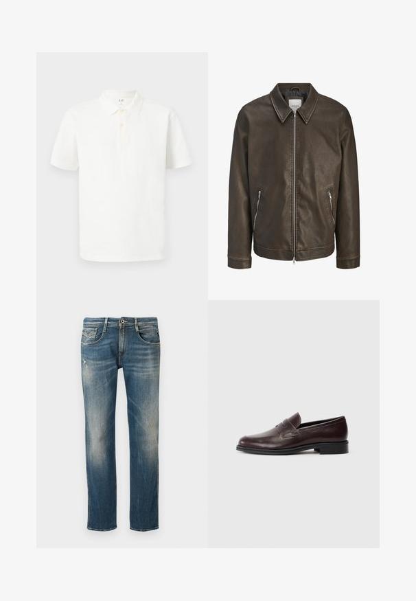 Veste en cuir marron avec un col, fermeture éclair à l'avant et deux poches latérales. Possède une surface texturée et une silhouette ajustée.; Chemise polo blanche en coton avec un col classique, des manches courtes, une patte de boutonnage à deux boutons et un tissu texturé subtil.; Jean en denim bleu avec une coupe droite, doté de poches avant, d'un léger effet délavé et de petites zones usées pour un look décontracté.; Mocassin en cuir marron avec un bout arrondi, une sangle brodée et un talon bas. Texture lisse avec un léger éclat, sans motifs ou embellissements proéminents.