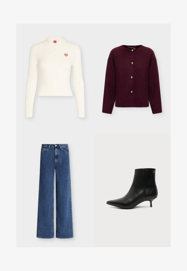 Veste manches longues violet foncé avec encolure ronde et quatre grands boutons ronds dorés sur le devant.; Polo blanc à manches longues côtelé avec trois boutons et un petit emblème cœur rouge portant l'inscription "HUGO" sur la poitrine gauche.; Jean en denim bleu taille haute avec jambes larges, fermeture avant par boutons et fermeture éclair, et poches avant et arrière.; Bottine en cuir noir avec bout pointu et petit talon kitten sur fond clair, vue côté extérieur.