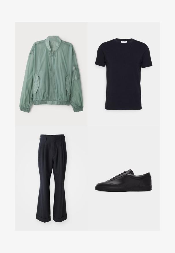 Veste bomber vert clair en tissu léger. Elle dispose d'une fermeture éclair à l'avant, de poignets élastiques, de deux poches latérales et d'une poche zippée sur le bras.; T-shirt noir à manches courtes avec un col ras-du-cou, muni d'une petite étiquette blanche à l'intérieur du col.; Pantalons noirs ajustés avec une coupe décontractée, devant plissé et jambes larges. Caractéristiques d'un ourlet à retournement et d'une texture de tissu lisse.; Baskets basses en cuir noir avec lacets sur le devant et semelle en caoutchouc plate, vues de côté sur un fond blanc uni.