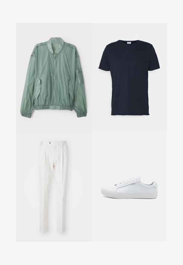 Lichtgroene bomberjack van lichtgewicht stof. Heeft een ritssluiting aan de voorkant, elastische manchetten, twee zijzakken en een ritssluiting op de mouw.; Navyblauwe katoenen t-shirt met ronde hals en korte mouwen, met een gladde textuur en eenvoudig ontwerp, zonder zichtbare patronen of accenten.; Witte, op maat gemaakte broeken met een platte voorkant, twee plooien en omgeslagen pijpen. Gemaakt van een gladde stof met een knoopsluiting in de taille.; Witte leren sneakers met een gladde afwerking, laagmodel ontwerp, ronde neus en platte rubberen zool. Voorzien van platte veters en minimale merkpresentatie.