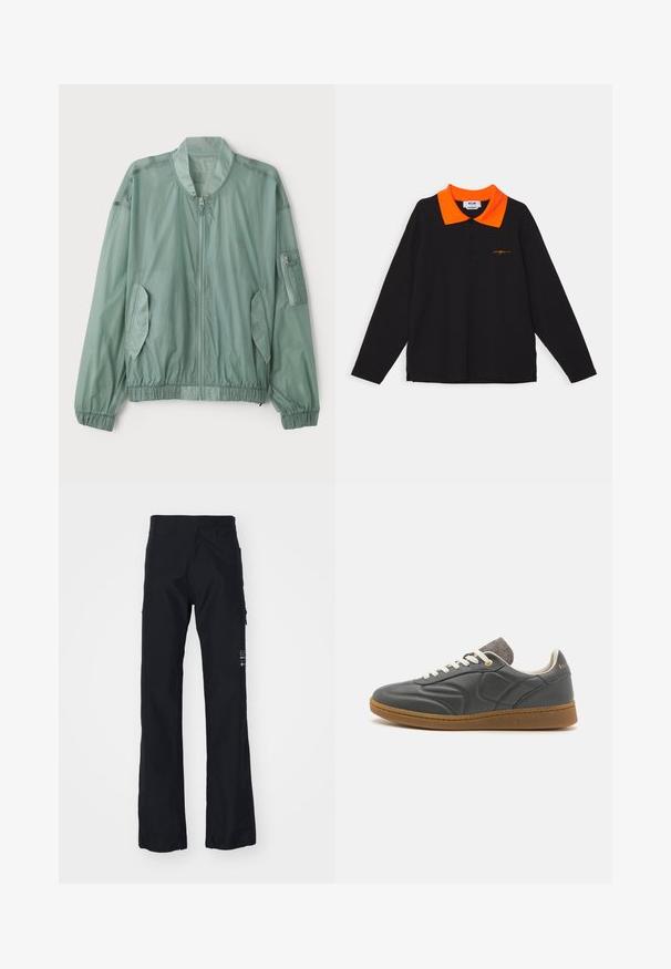 Veste bomber vert clair en tissu léger. Elle dispose d'une fermeture éclair à l'avant, de poignets élastiques, de deux poches latérales et d'une poche zippée sur le bras.; Polo à manches longues noir avec un col orange, une patte de boutonnage à deux boutons et un texte brodé orange près de l'ourlet. Matière en coton doux.; Pantalons noirs en tissu doux et résistant. Comprend des jambes droites, des poches latérales et un logo sur la jambe inférieure droite.; Baskets en cuir gris foncé avec un bout arrondi, lacets blancs, semelle en caoutchouc beige et légers accents en tissu gris au niveau du col. Détail du logo doré.