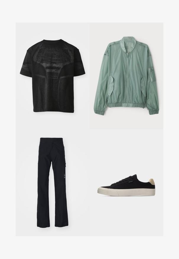 Vaaleanvihreä pommikau Jacket, joka on valmistettu kevyestä kankaasta. Siinä on vetoketjuliitos edessä, elastiset hihansuut, kaksi sivutaskua ja vetoketjullinen tasku hihassa.; Musta lyhythihainen urheilupaita, jossa on tekstuuripinta ja hienovarainen "MISBHV SPORT" -teksti edessä.; Mustat housut, jotka on valmistettu pehmeästä ja kestävästä kankaasta. Yksinkertaiset lahkeet, sivutaskut ja logo oikeassa alalahkeessa.; Musta matala tennari, jossa on beige kantatappi, valkoinen paksu kumipohja, mustat nauhat ja pieni "PS Paul Smith" -etiketti sivussa.