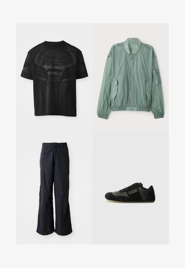 Helle grüne Bomberjacke aus leichtem Stoff. Hat einen Reißverschluss vorne, elastische Bündchen, zwei Seitentaschen und eine mit Reißverschluss versehenen Armtasche.; Schwarz, kurzärmliges Sport-T-Shirt mit strukturiertem Muster und dezentem "MISBHV SPORT"-Text auf der Vorderseite.; Schwarze, leichte, weit geschnittene Hosen mit strukturierter Oberfläche. Mit blauen Akzenten und verstellbaren Zügen. Reißverschluss.; Schwarze Sneaker aus Wildleder und Leder. Sie verfügen über ein niedriges Profil, eine abgerundete Spitze, ein Schnürdesign und strukturierte Akzente. Die Sohlen haben ein rutschfestes Muster.