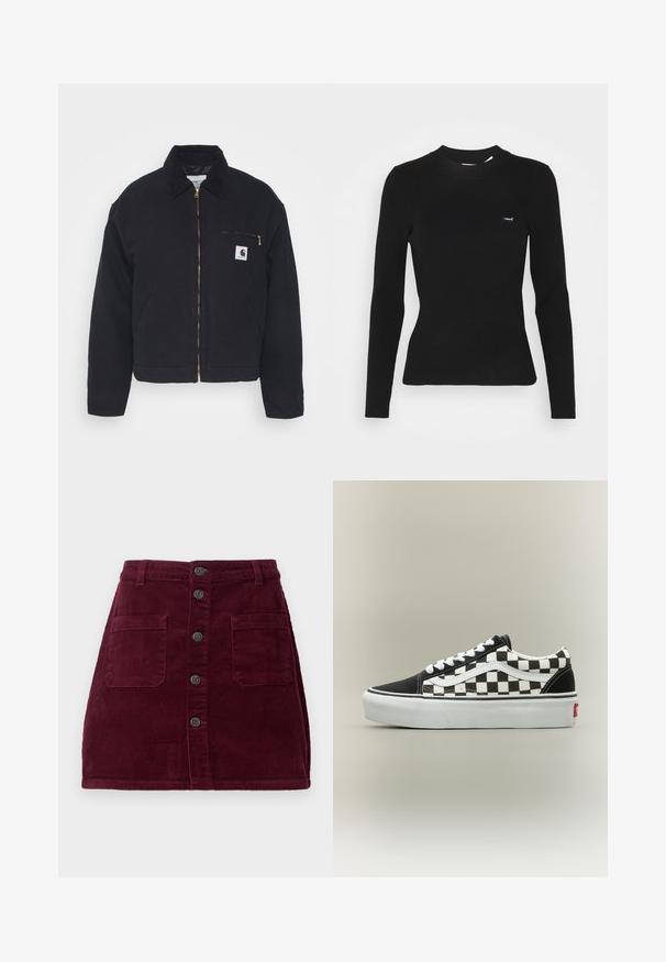 Sort denimjakke med en kordfløjskrave, lynlås foran og en brystlomme med en gylden lynlås samt et logo patch på venstre side.; Sort ribbet langærmet top med en tætsiddende pasform. Den har en rund halsudskæring og et lille hvidt "Levi's"-logo på venstre bryst.; Burgunderfarvet kordfløjlsskjorte med høj talje, fem frontknapper og to forlommer; tekstureret stof med lodret ribbede mønster.; Klassisk lavtop sneaker med sort-hvid ternet mønster, hvide snørebånd og tyk hvid sål på neutral baggrund.