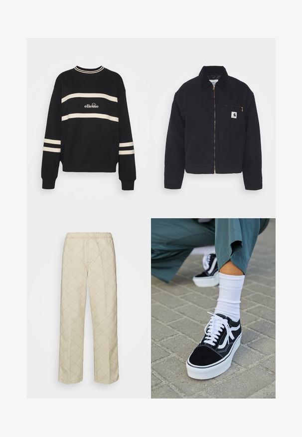 Veste en denim noir avec un col en velours côtelé, fermeture éclair à l'avant et une poche poitrine avec une fermeture éclair dorée et un patch logo sur le côté gauche.; Sweatshirt noir avec deux rayures crème horizontales, col côtelé et logo au centre. Les poignets ont également des détails de rayures similaires.; Obey Clothing ONE TWO - Pantalon classique - unbleached multi; Baskets en suède noir avec des accents et des lacets blancs, présentant une épaisse semelle blanche et des coutures contrastantes, associées à une chaussette blanche.
