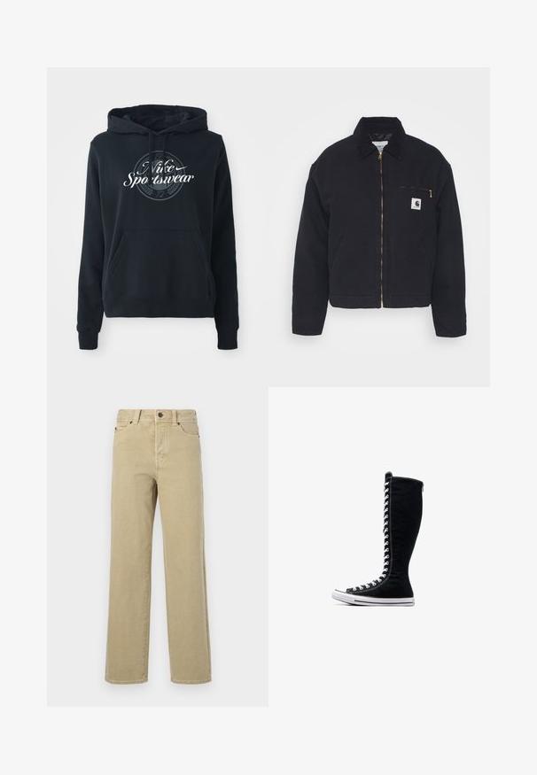 Schwarze Jeansjacke mit samtigem Kragen, Reißverschluss vorne und einer Brusttasche mit einem goldenen Reißverschluss und einem Logo-Patch auf der linken Seite.; Schwarzer Hoodie aus einem Baumwoll-Blend-Gewebe mit einer vorderen Kängurutasche, Kapuze mit Kordelzug und einem kreisförmigen Grafik mit dem Text "Nike Sportswear".; Beige Jeans mit weitem Bein aus weicher Baumwolle, mit klassischem Fünf-Taschen-Design, Knopfverschluss und sichtbaren Nähten entlang der Nähte und Säume.; Schwarze High-Top-Sneaker mit hohem Design, aus Canvas. Sie verfügen über weiße Schnürsenkel, Nähte und eine Gummisohle mit einer Zehenkappe.
