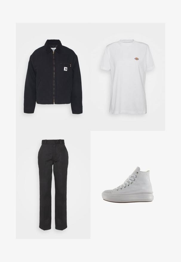 Sort denimjakke med en kordfløjskrave, lynlås foran og en brystlomme med en gylden lynlås samt et logo patch på venstre side.; Hvid bomulds t-shirt med rund hals og korte ærmer, med et lille, farverigt "Diesel" logo broderet på brystet.; Sorte bukser med en glat tekstur, lige ben-udskæring og bæltestrop. Har en enkel, klassisk silhuet uden yderligere mønstre.; Hvid højt canvas sneaksko med hvide snørebånd, metaløjer, tyk gummisål og tekstureret tåhætte, vendt mod venstre på en hvid baggrund.