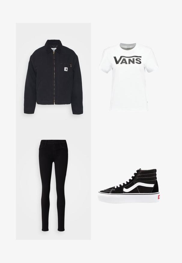 Veste en denim noir avec un col en velours côtelé, fermeture éclair à l'avant et une poche poitrine avec une fermeture éclair dorée et un patch logo sur le côté gauche.; T-shirt en coton blanc à manches courtes et col rond. Présente un grand logo noir « VANS » en gras sur la poitrine. Texture douce.; Pantalons slim fit noirs avec fermeture à bouton, passants de ceinture et poches avant, présentés sur un fond clair et uni.; Baskets montantes noires avec des lacets blancs, un logo blanc et des coutures blanches contrastées. Dotées d'une épaisse semelle blanche et d'un dessus en daim texturé.