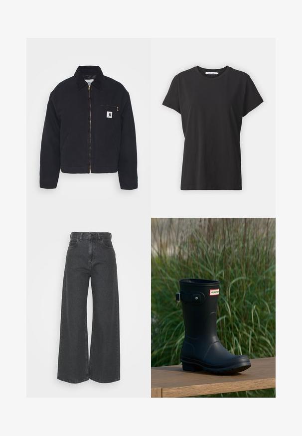 Schwarze Jeansjacke mit samtigem Kragen, Reißverschluss vorne und einer Brusttasche mit einem goldenen Reißverschluss und einem Logo-Patch auf der linken Seite.; Schwarzes Baumwoll-T-Shirt mit klassischem Rundhalsausschnitt, kurzen Ärmeln und lockerer Passform. Glatte Textur, keine sichtbaren Muster oder Akzente.; Hoch taillierte, weit geschnittene Jeans aus dunkelgrauem Denim. Klassisches Design mit geradem Schnitt, ausgestattet mit Gürtelschlaufen und Vordertaschen.; Schwarzer Gummiregenstiefel mit glänzender Oberfläche, ausgestattet mit einer silbernen Schnalle und einem Logo-Patch. Die Sohle ist strukturiert für besseren Halt.
