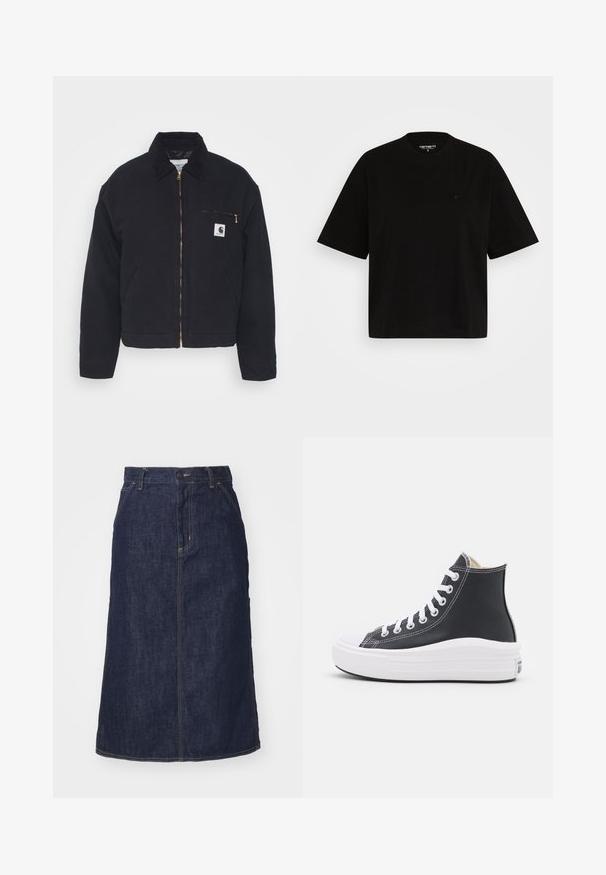 Zwart denim jack met een corduroy kraag, ritssluiting vooraan en een borstzak met een gouden rits en een logo patch aan de linkerkant.; Zwart katoenen t-shirt met een ontspannen pasvorm, korte mouwen, ronde hals en een klein logo-detail op de linkerkant van de borst.; Donkere spijkerrok met een hoge taille, recht gesneden, voorzakken en gestikte naden. Voorzien van een rits en knoopsluiting op de taille.; Zwarte high-top sneaker met witte veters en rubberen zool. Heeft een gladde leren textuur en witte stiksels.